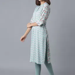 W Women Blue Geometric Checked Flared Sleeves Thread Work Kurta image 5