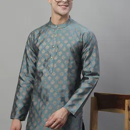 Anouk Grey Mandarin Collar Woven Design Silk Cotton Kurta image 4