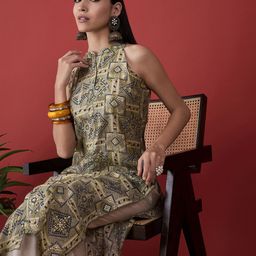 Anouk Green Bandhani Printed Mandarin Collar Zari detail A-Line Kurta-picture-4
