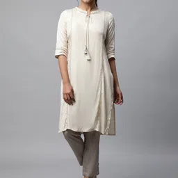 AURELIA Tie Up Neck Thread Work Straight Kurta image 3