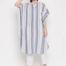 Imfashini Women Blue Striped Thread Work Kaftan Kurta image 5