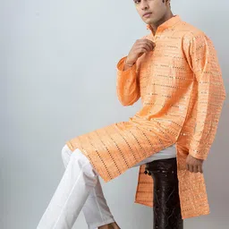 Firangi Yarn Men Peach-Coloured Mirror Work Kurta image 2