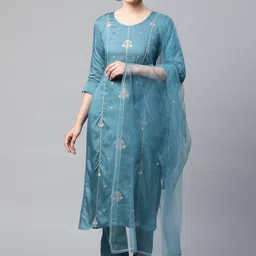SheWill Women Blue Ethnic Motifs Embroidered Gotta Patti Kurta with Trousers & Dupatta-image-0