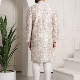 SOJANYA Men Cream-Coloured & Brown Silk Cotton Printed Regular Kurta with Churidar image 2