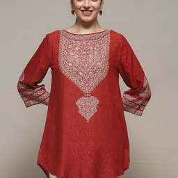 Biba Ethnic Motifs Printed Boat Neck Sequinned Detailed A-Line Kurti-picture-22