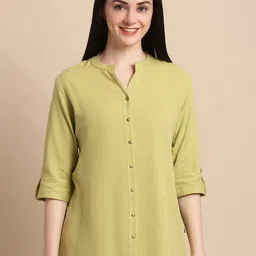 Pistaa Mandarin Collar Roll-Ups Sleeves Pure Cotton Kurti-picture-25