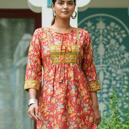YASH GALLERY Floral Printed Tie-Up Neck A-Line Kurti-picture-31