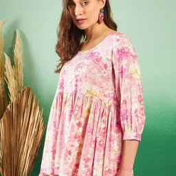 Sangria Floral-Printed Pleated Round Neck Kurti image 4
