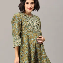 The Mom Store Ethnic Motifs Printed Mandarin Collar Maternity A-Line Kurti image 5