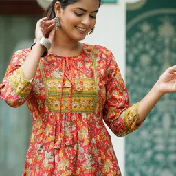 YASH GALLERY Floral Printed Tie-Up Neck A-Line Kurti image 5