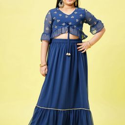 Stylo Bug Girls Blue & Gold-Toned Printed Layered Ready to Wear Lehenga & Blouse-picture-30