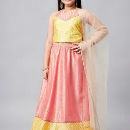 Stylo Bug Girls Yellow & Pink Printed Layered Ready to Wear Lehenga & Blouse With Dupatta image 5