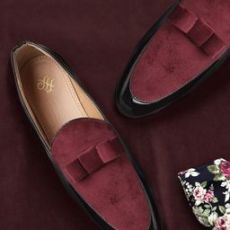House of Pataudi Men Black & Pink Colourblocked Handcrafted Loafers-picture-34