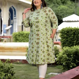 Lee Moda Plus Size Floral Printed Mandarin Collar Cotton A-Line Kurta image 2