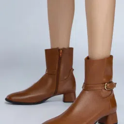 Twenty Dresses by Nykaa Fashion Tan Square Toe Buckle Detail Block Heel Boots for Women-image-43