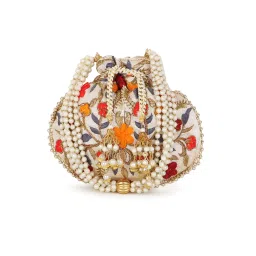 Anekaant Dangle Cream and Multi Floral Embroidered Faux Silk Potli image 1