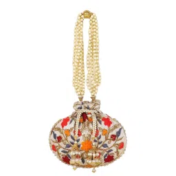 Anekaant Dangle Cream and Multi Floral Embroidered Faux Silk Potli image 2