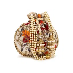 Anekaant Dangle Cream and Multi Floral Embroidered Faux Silk Potli image 5