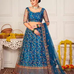 Warthy Ent Turquoise Blue & Red Embroidered Thread Work Semi-Stitched Lehenga & Unstitched Blouse With-picture-28