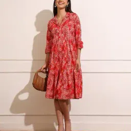 aanyor Women Floral Fit & Flared Dress with Collar Neck image 2