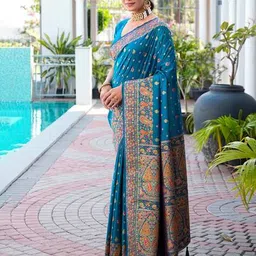 svaraa Women  Pashmina Silk Saree with Paithani Border And Unstitched Matching Blouse Piece Traditional Saree image 2