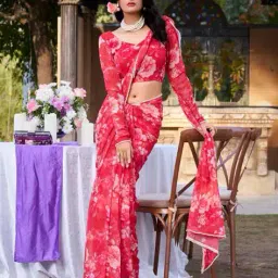 indie picks Floral Print Linen Cotton Saree  image 2