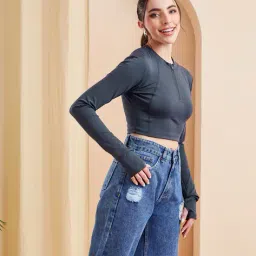 Shein Full Sleeve Panelled Zipped Crop Top image 2
