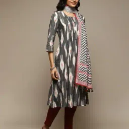 biba Women Ikat Woven Straight Kurta & Dupatta Set image 2