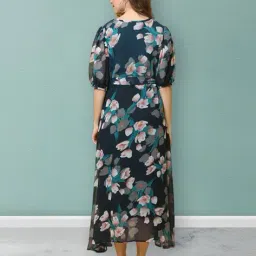 fabflee x ag Women Floral Print Fit & Flare Dress with Tie-Up Belt image 3