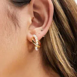 asos design 14K Gold-Plated Hoop Earrings with Twisted Faux Pearl Detail image 3