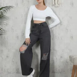 Shein Semi Elasticated Waist High Rise Knee Slit Jeans image 3