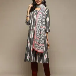 biba Women Ikat Woven Straight Kurta & Dupatta Set image 3