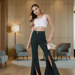 Shein Party Full Length Pleated Front-Slit Flared Fit Trousers with Belt image 4
