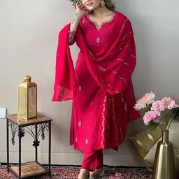 svaraa Women Embroidered Straight Kurta & Pants with Dupatta Set image 4