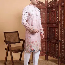 civamee Men Embellished Long Kurta with Mandarin Collar image 4