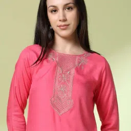 acai Women Embroidered Round-Neck Straight Kurta image 4