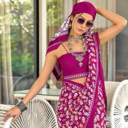 panzora Mulcotton Hand Block Print Saree with Unstitched Blouse Piece image 4