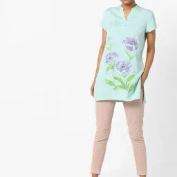 ajio Floral Print Tunic with Button Placket image 4