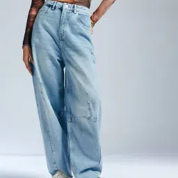 freakins Women Lightly Washed Distressed Baggy Jeans image 4