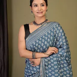 indie picks Traditional Handblock Print Cotton Silk Zari Border Saree image 5