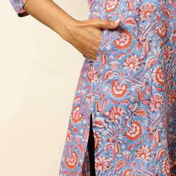 indie picks Sanganer Handblock Print Cotton Kurta with Pocket image 5