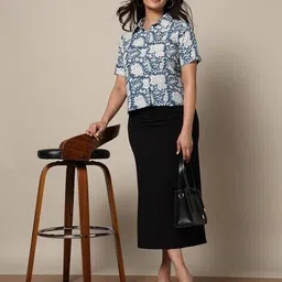 indie picks Handblock Print Cotton Straight Shirt image 5