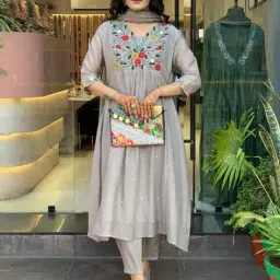 nyrika Women Embroidered Flared Kurta Suit Set image 5