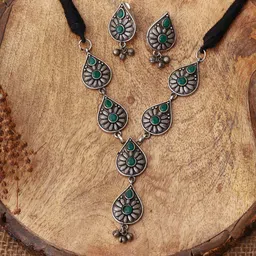 VENI Silver-Plated Green Stone Studded Oxidised Jewellery Set-picture-32