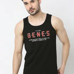 UnderJeans by Spykar Printed Cotton Gym Vest UJLSTPM031BLACK image 1