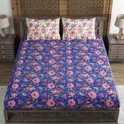 Sangria Blue Printed 210 TC Cotton Fitted King Bedsheet & 2 Pillow Covers image 2