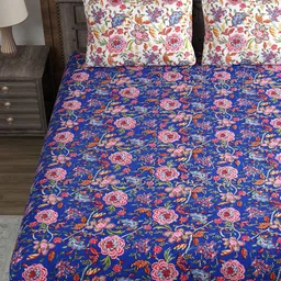 Sangria Blue Printed 210 TC Cotton Fitted King Bedsheet & 2 Pillow Covers image 3