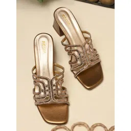 ROCIA By Regal Antique Gold Women Diamond Studded Block Sandal Heels image 1