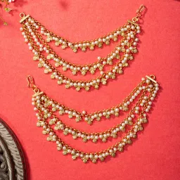 Niscka 24K Gold-Plated Pearls and Petal Triple Layer Earring Chain image 2