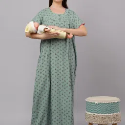 Mamma's Maternity Light Green Floral Leaf Printed Cotton Maternity Nighty-picture-17